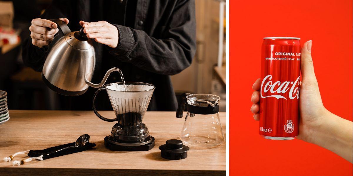 Någon häller upp kaffe och någon håller fram en burk Coca-Cola. Kaffe innehåller hundratals olika föreningar, inte bara koffein, och att Coca-Cola innehåller koffein innebär inte att det är nyttigt att dricka läskedrycken.