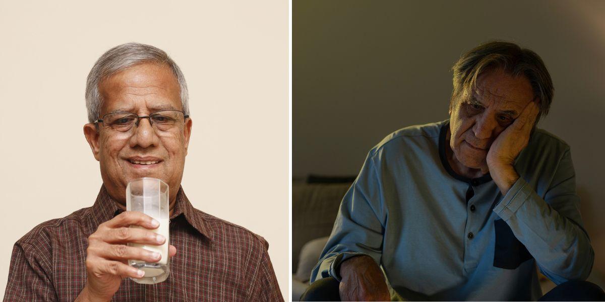 En man dricker mjölk och en man kan inte sova. Forskare har funnit ett samband mellan laktosintolerans och dålig sömn.