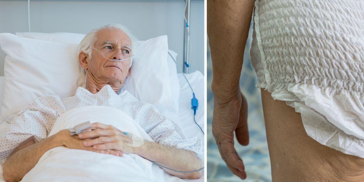 En man i sängen och en person med blöja. På ett äldreboende får en 86-årig man inte den hjälp han behöver och har lämnats i sängen med nedkissad blöja