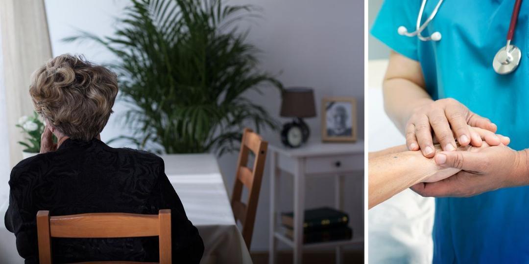 En kvinna ensam i sin lägenhet och en läkare håller en patients hand. Hon är 94 år och bor själv i en lägenhet och vill få plats på äldreboende, men både kommunen och förvaltningsrätten säger nej.