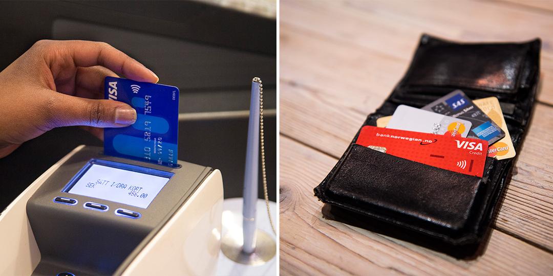 Någon betalar med kort och en plånbok med flera kort. Betala i lokal valuta med ditt konto- eller betalkort när du är utomlands och ta fler än ett kort med dig, det är ett par av de råd Länsförsäkringars privatekonom ger inför utlandsresan