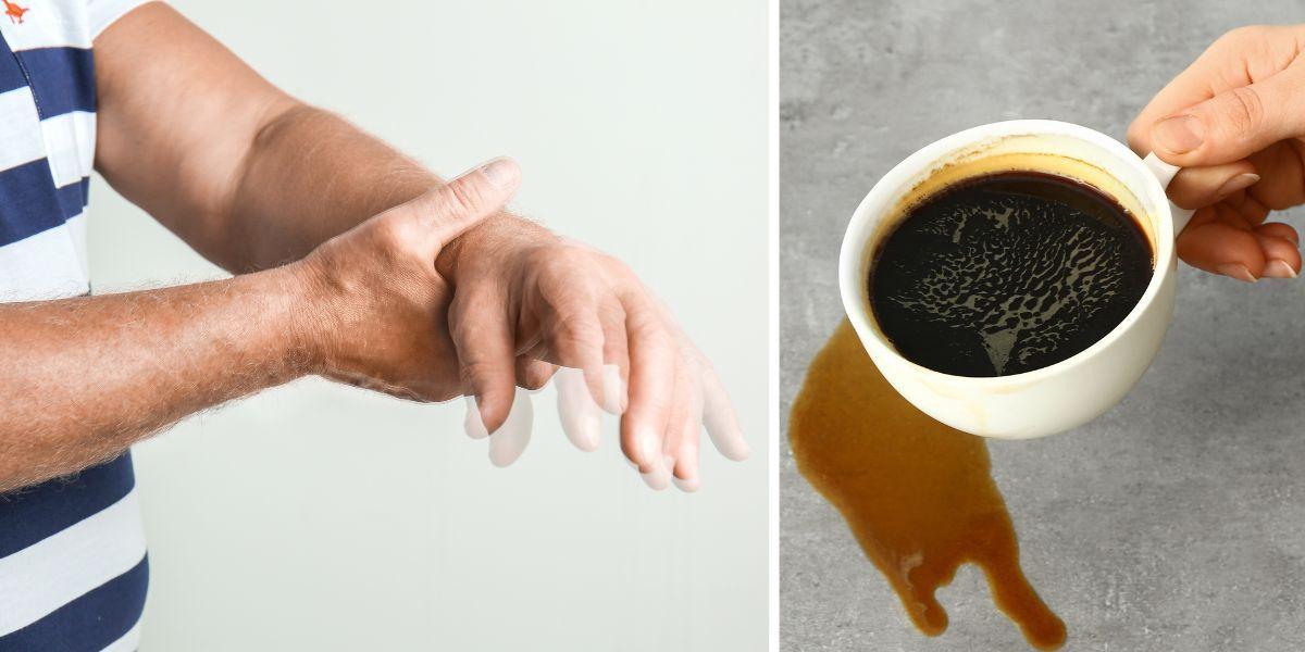 en hand skakar och en hand spiller kaffe. Essentiell tremor, ofrivilliga skakningar, gör det svårt att klara enkla vardagssysslor, som att bära en kaffekopp utan att spilla ut kaffet.