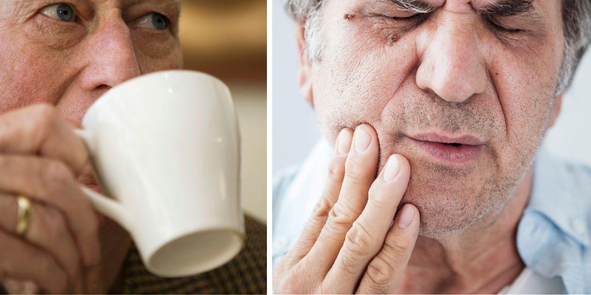 Får du ont i tänderna när du dricker kaffe? En man dricker kaffe och en man har ont i tänderna. Då har du kanske drabbats av tandkänslighet.
