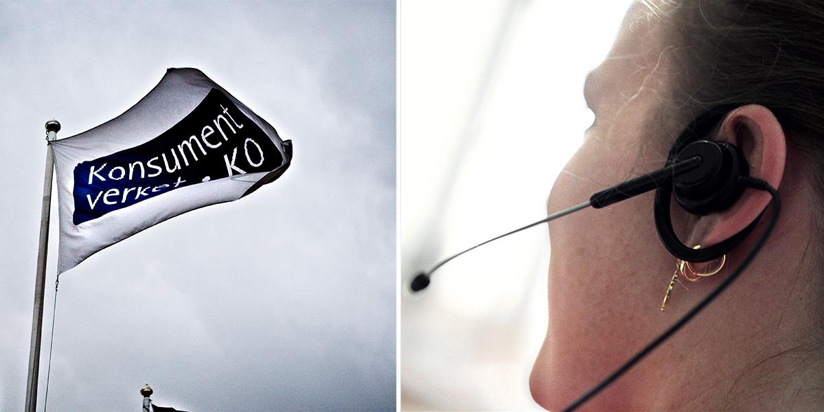 Konsumentverkets logga på en flagga och en telefonist. Konsumentverket har utrett konsumentskyddet vid telefonförsäljning och kommit med ett förslag som telefonförsäljarnas branschorganisation kallar för myndighetsaktivism