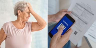 En äldre kvinna är konfunderad och en faktura som ska betalas digitalt med hjälp av en QR-kod. En 82-åring fick en faktura utan inbetalningskort och kunde inte betala den, hon visste helt enkelt inte hur hon skulle göra utan var tvungen att få hjälp med betalningen. Det är inte kvinnan i texten på bilden.