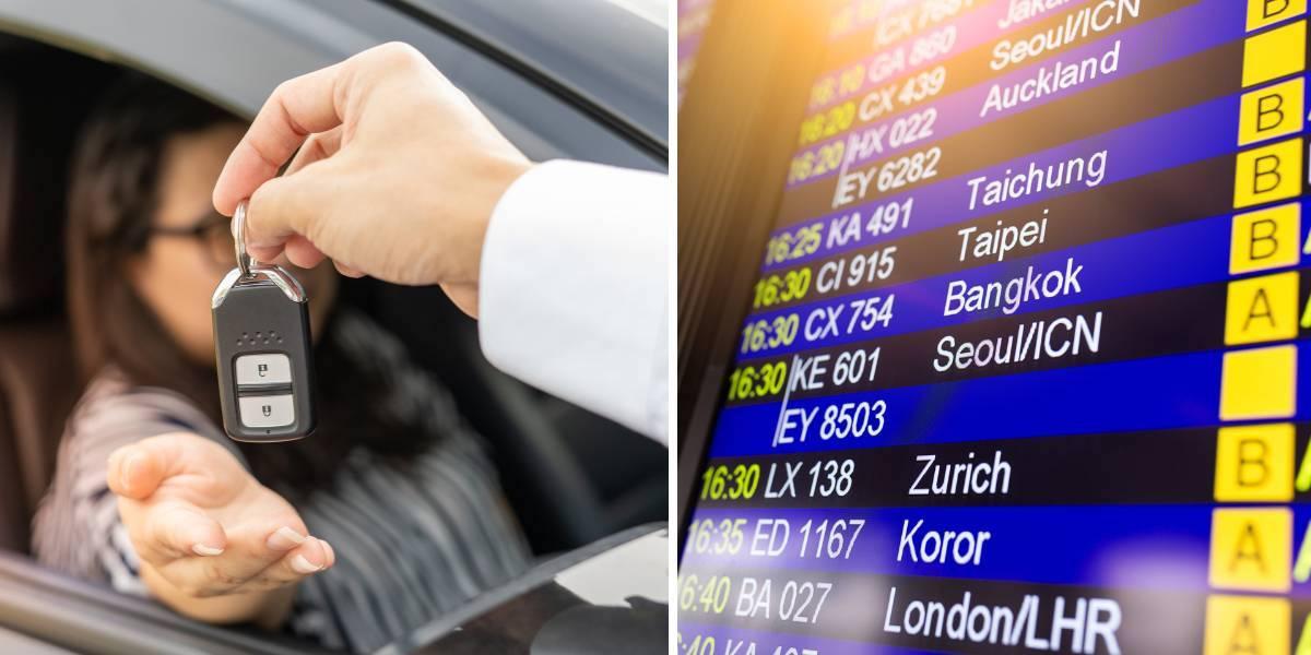 En kvinna hyr en bil och en tavla visar uytrikesflyg. Ökat pris på bland annat biluthyrning och utrikesflyg bidrog till en generell prisökning i juni och juli.