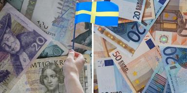 Svenska sedlar, eurosedlar och en svensk flagga. Den svenska kronan stärks mot euron