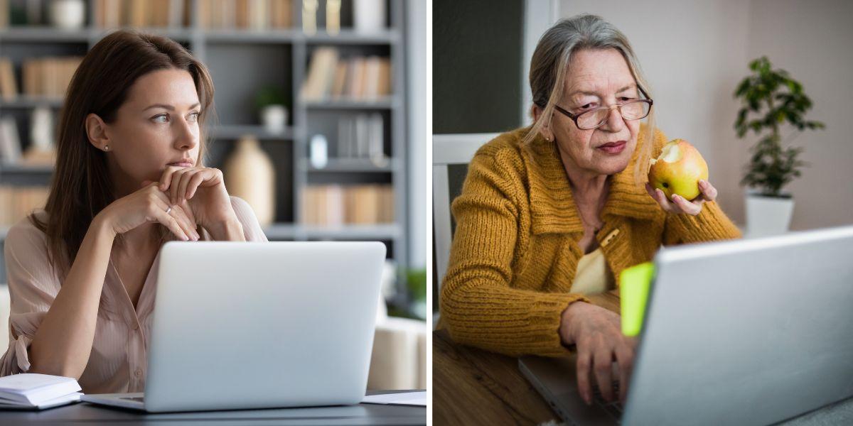 En ung kvinna jobbar vid datorn och tänker och en äldre kvinna jobbar vid datorn. Unga vill gärna gå i pension vid 63 men förväntar sig att kunna gå först vid 70 års ålder, det visar en ny undersökning
