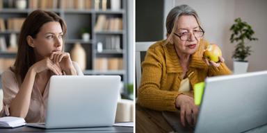 En ung kvinna jobbar vid datorn och tänker och en äldre kvinna jobbar vid datorn. Unga vill gärna gå i pension vid 63 men förväntar sig att kunna gå först vid 70 års ålder, det visar en ny undersökning