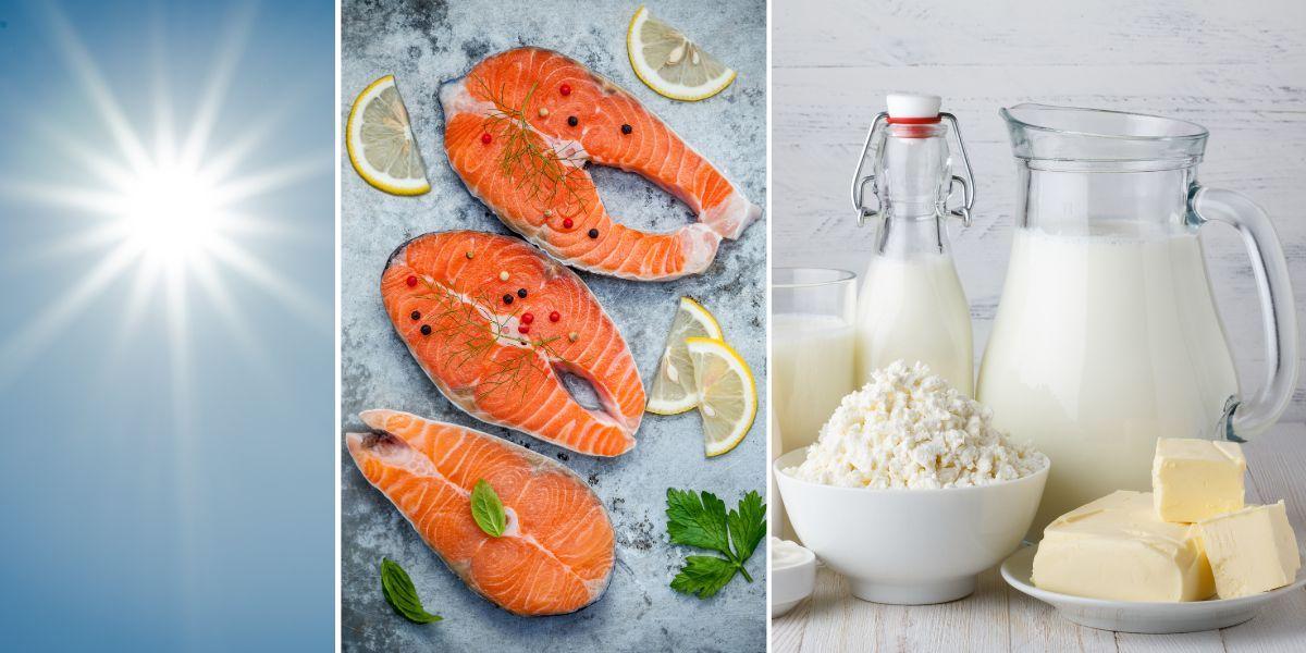 Solen, lax och mejeriprodukter. Vi får i oss D-vitamin från solen, från fisk och från berikade mejeriprodukter.