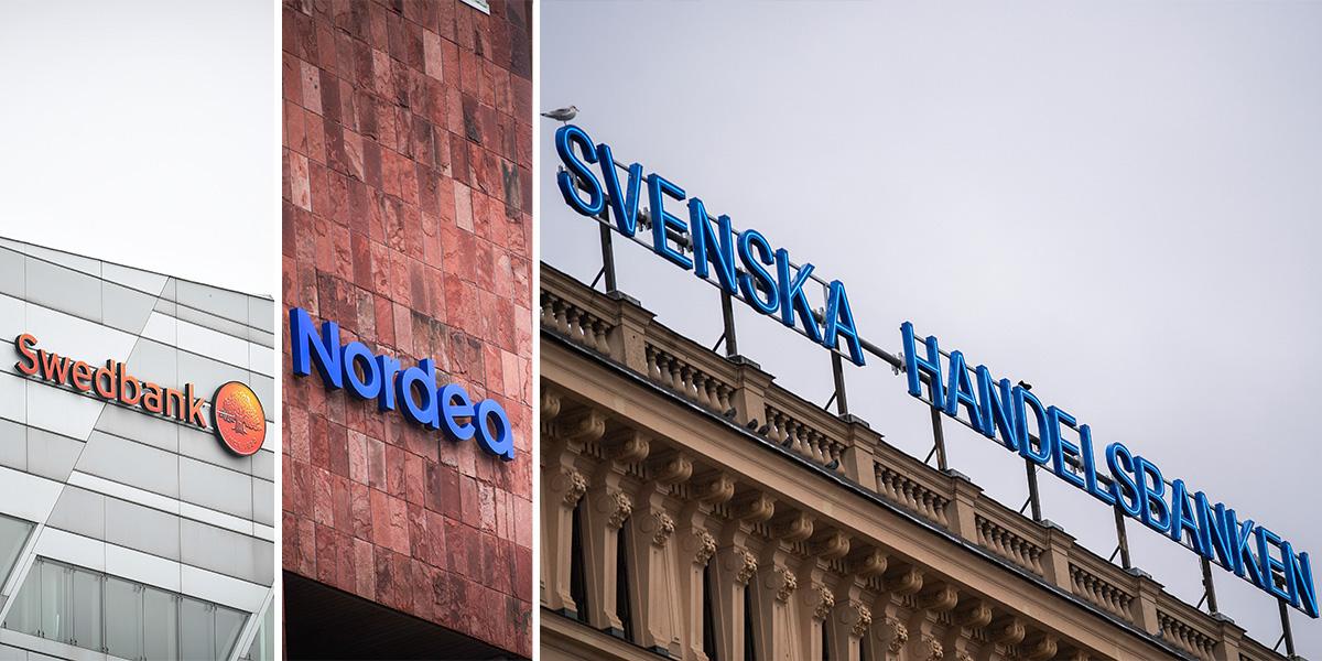 Swedbanks, Nordeas och Handelsbankens loggor på fasader. Bankerna måste ta sitt ansvar när människor utsätts för bedrägerier, inte deras kunder.