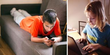 En pojke tittar på sin mobil och en flicka sitter med sin dator. Världen över utsätts barn allt mer för utpressning med hjälp av bilder, filmer eller information av sexuell karaktär.