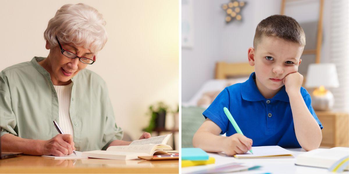 En äldre kvinnar skriver brev och en liten pojke skriver brev. Boende på ett äldreboende brevväxlar med elever i årskurs fem och det har de gjort sedan eleverna gick i fyran.