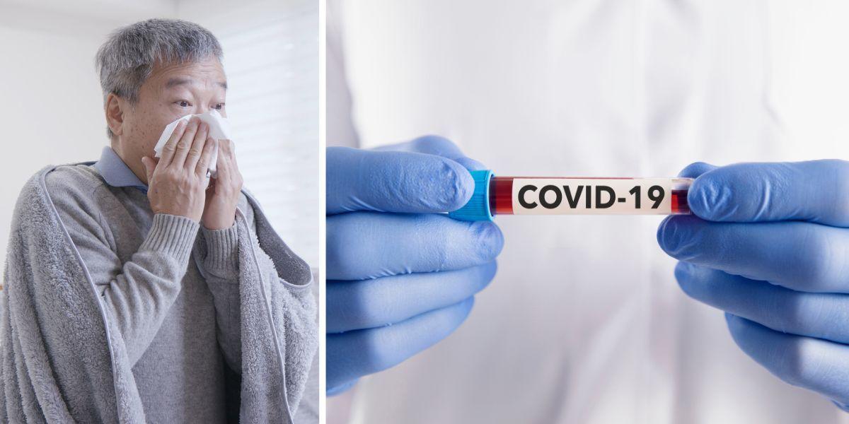 En man snutersig och någon håller ett blodprov med texten covid-19. Fler får covid-19, men det finns ingen anledning till oro för symtomen på sjukdomen har förändrats över tid och liknar nu de vanliga förkylningssymtom med snuva och hosta samt ibland lite feber