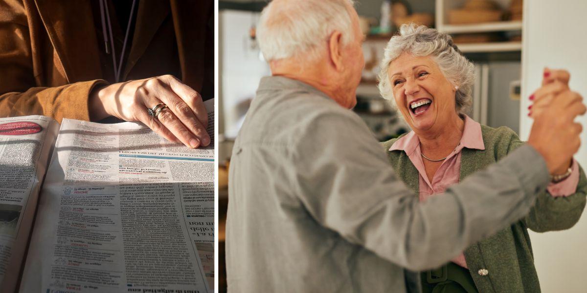 Någon läser i en tidning och ett äldre par dansar. Han sökte kärlek vid 96 och satt in en kontaktannons i en tidning. Han fick svar och blev sambo med en dansant kvinna. Paret på bilden har ingenting med texten att göra.
