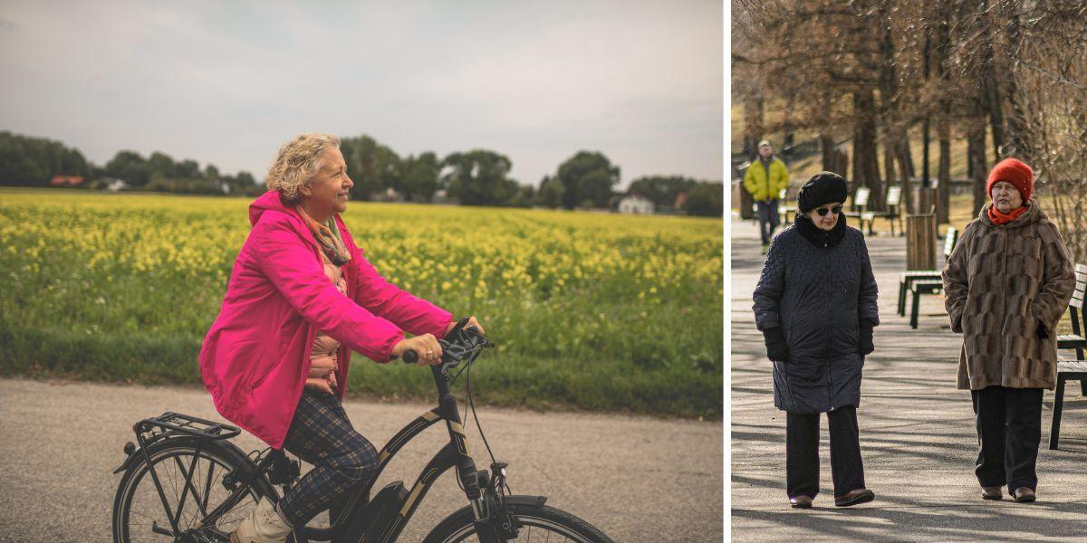 En kvinna cyklar och två kvinnor promenerar. Så länge hon orkar och kan cykla tänker hon jobba kvar inom hemtjänsten, hon slipper tunga lyft och fokuserar på det sociala, som till exempel promenader. Personerna på bilden har ingenting med texten att göra.