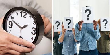 Nägon ställer om en klocka och människor håller upp skyltar med frågetecken. Eu har beslutat att medlemsländerna ska slopa tidsomställningen mellan sommartid och vintertid, men vilken tid ska bli permanent? Inget land vill bli först ut med att bestämma det.