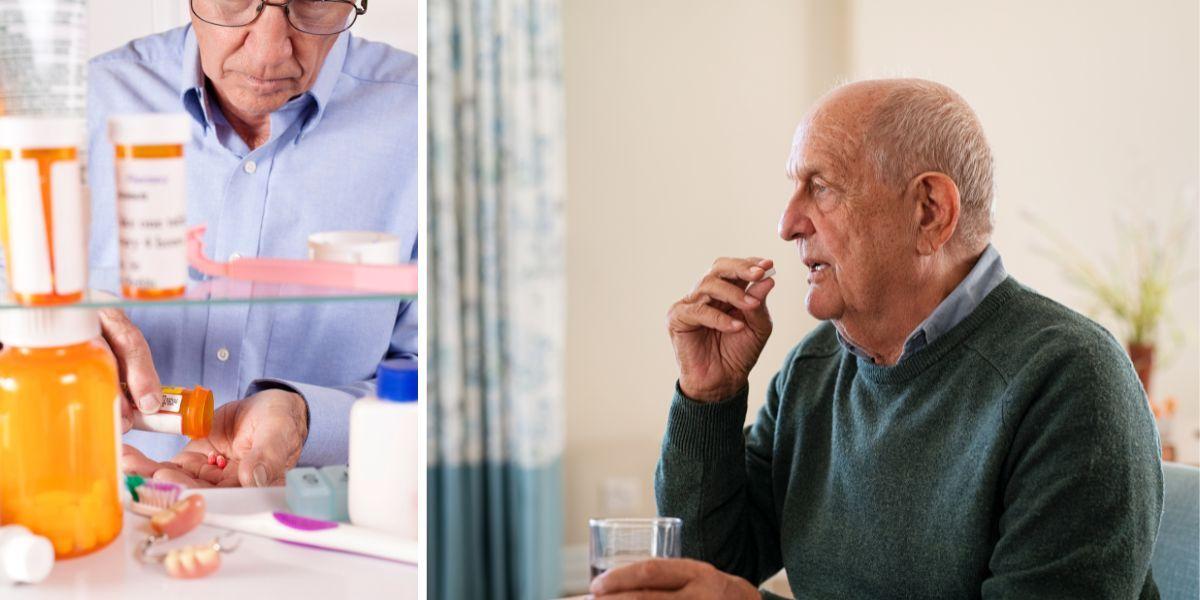 En äldre man tar fram läkemedel ut sitt medicinskåp och en äldre man tar sin medicin.