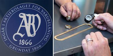 Logga för Pantbanken Sverige och någon värderar en guldkedja på en pantbank