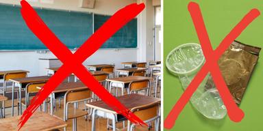 En överkryssad skola och en överkryssad kondom. I Lillhärdal har den lokala lanthandeln plockat bort kondomerna i ett försök att få kommunstyrelsen att låta byn få ha kvar sin skola: Ingen skola – inga kondomer.
