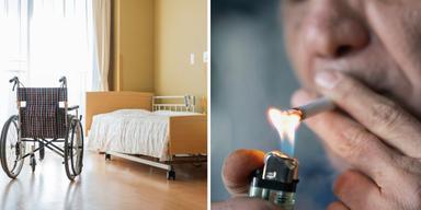 Ett rum på ett äldreboende och en person tänder en cigarett. En boende på ett äldreboende som rökte på sitt rum fattade eld och dog, bilderna har ingenting med texten att göra.