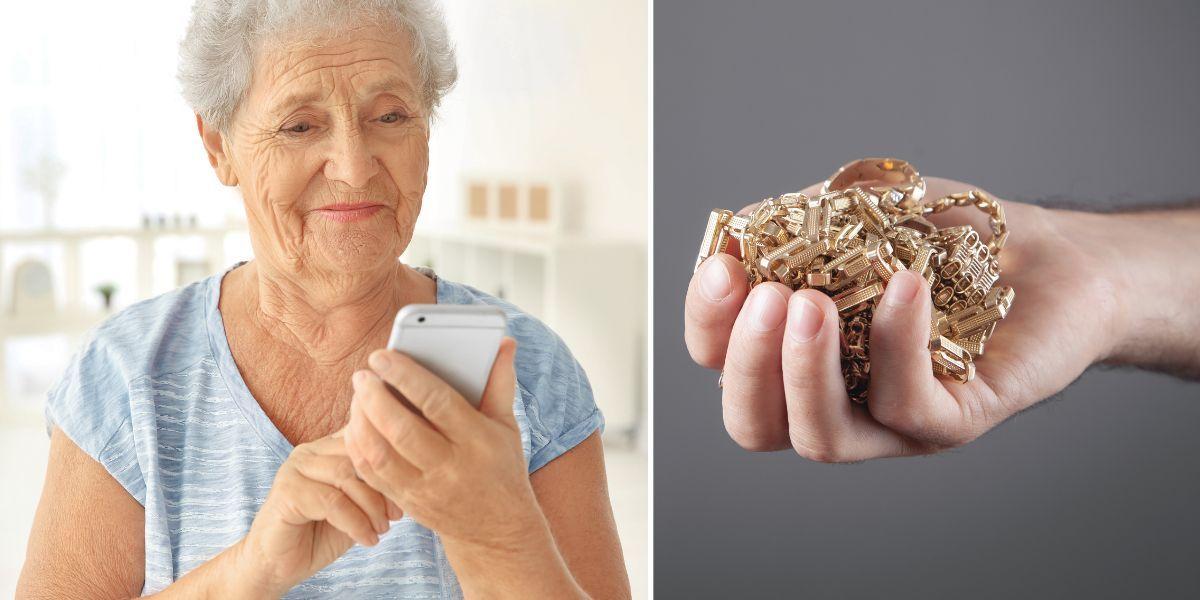 En kvinna läser ett sms occh en hand håller i guldsmycken. Flera personer har häktats i en pågående utredning av bedrägerier mot äldre i Stockholms län. Bedragarna skickade sms till sina brottsoffer i syfte att förklädda till poliser komma hem och hämta deras guld och andra ägodelar.