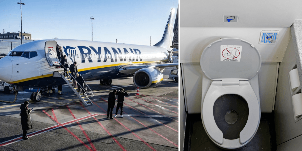 till vänster: ett flygplan från Ryanair. Till höger: flygplanstoalett
