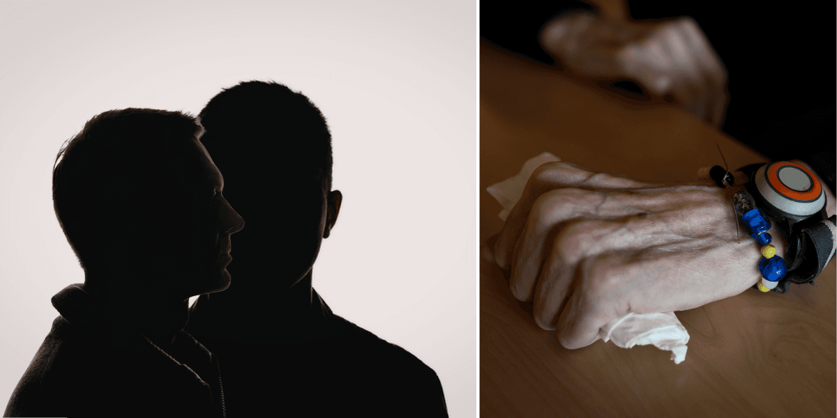 Två siluetter till vänster och en åldrad hand med trygghetslarm från äldreomsorgen.