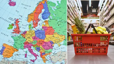 Karta över Europa och en matkasse