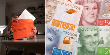 Pensionskuvert till vänster, svenska sedlar till höger.