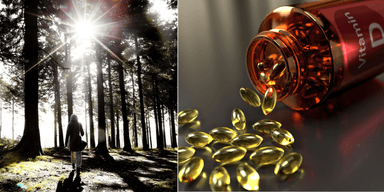 Till vänster: en kvinna i skogen. Till höger: En burk med D-vitamin