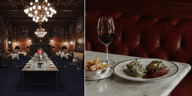 Operkällarens klassiska matsal och maträtt med vin kött och pommes frites