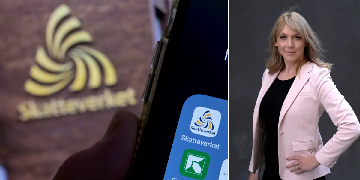 Skatteverkets logga till vänster och en blond kvinna i rosa kavaj som kan aktier till höger.