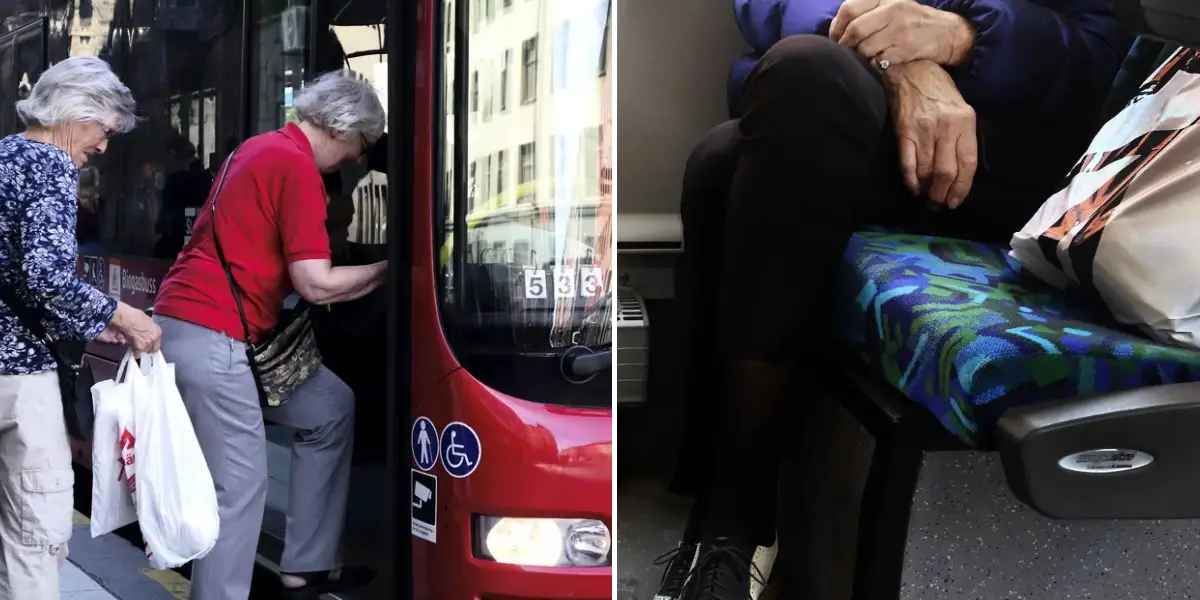 Till vänster: Två äldre kvinnor stiger på en buss.Till höger: Äldre kvinna på en sittplats.