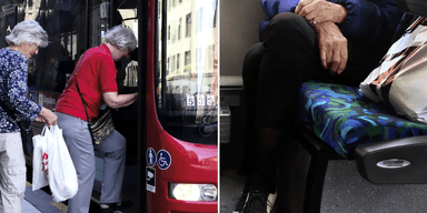 Till vänster: Två äldre kvinnor stiger på en buss.Till höger: Äldre kvinna på en sittplats.