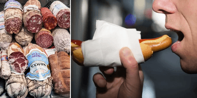 Till vänster: En charkdisk med korv. Till höger: En man äter korv med bröd