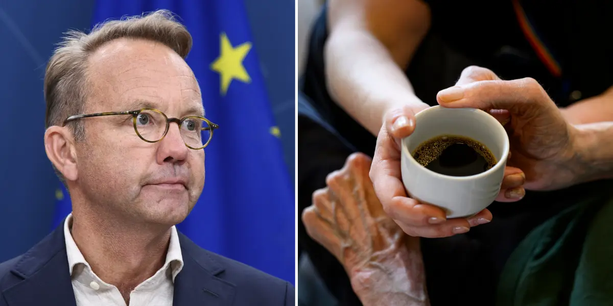 Socialstyrelsens generaldirektör till vänster och scen ur äldreomsorgen till höger.