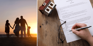 en familj i soldnedgång till vänster och en som skriver ett testamente, ett arv, till höger.