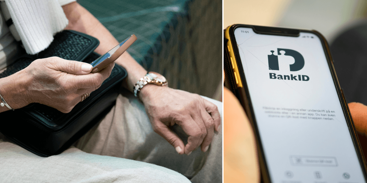 Till vänster: En äldre kvinna håller i en mobil. Till höger: en mobil med BankId startat.