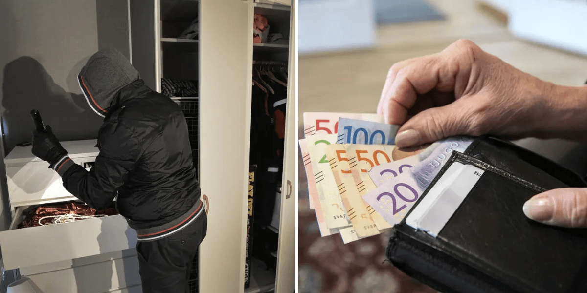 Till höger: inbrottstjuv letar efter kontanter och andra värdesaker under ett inbrott i en bostad. Till vänster: Anders Wiklund/TTPensionär med plånbok och sedlar.