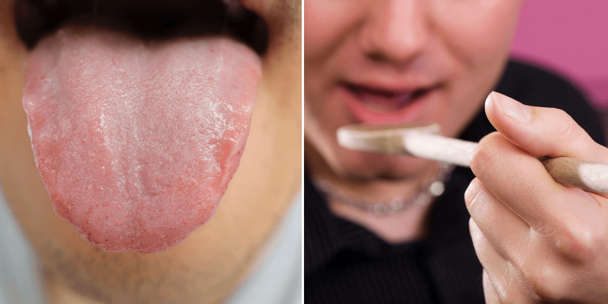 En tunga till vänster och en man som smakar på något till höger.