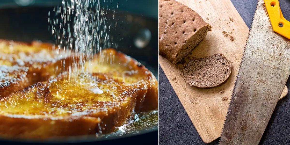 Till vänster: fattiga riddare. Till höger: torrt bröd bredvid en såg