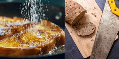 Till vänster: fattiga riddare. Till höger: torrt bröd bredvid en såg