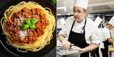 Till vänster: köttfärssås med spagetti. Till höger: Tom Sjöstedt