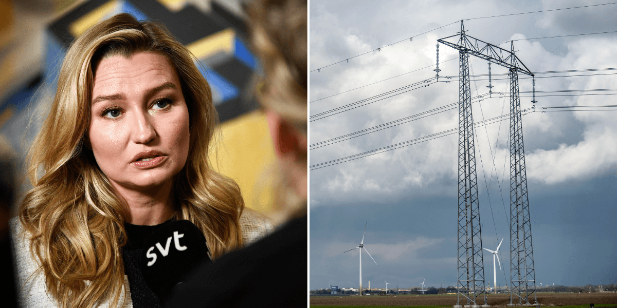 Till vänster, Ebba Busch uttalar sig om effektavgifter. Till höger, högspänningsledning i landskap.
