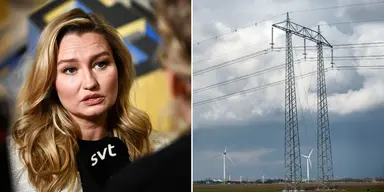 Till vänster, Ebba Busch uttalar sig om effektavgifter. Till höger, högspänningsledning i landskap.