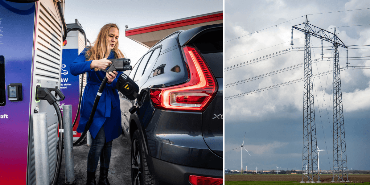 En kvinna som laddar bilen till vänster och elnätsbolag och elnät till höger.