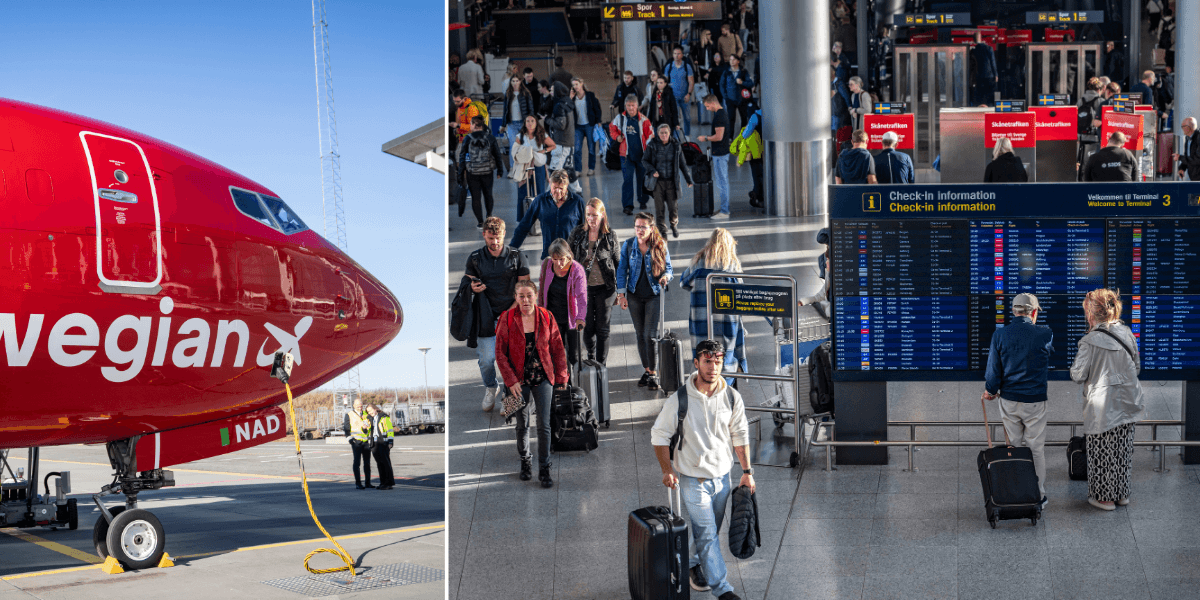 Till vänster nosen av ett rött flygplan från flygbolaget Norwegian och till höger en ankomsthall med människor på en flygplats.