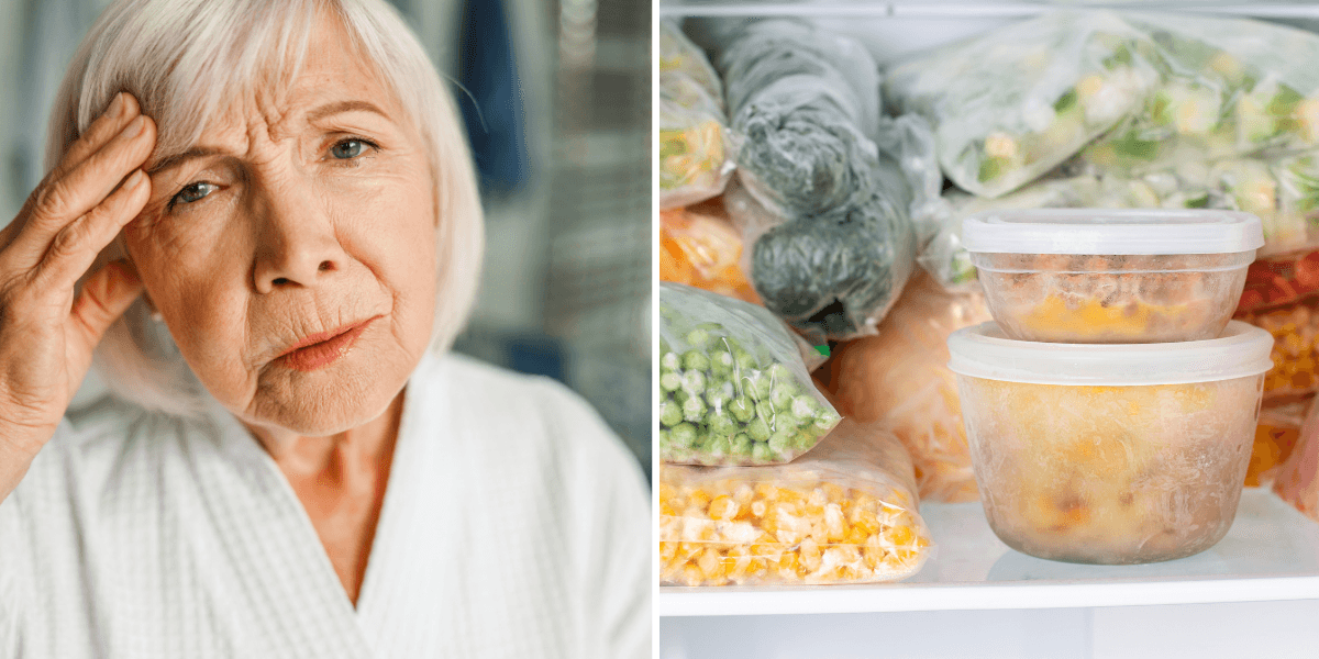 En äldre bekymmrad kvinna till vänster och frysta råvaror till höger.