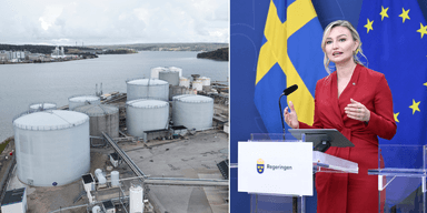 Oljecisterner till vänster och Ebba Busch vid ett podium till höger.